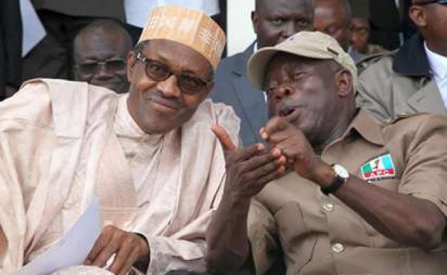 Image result for President Buhari greets ex-Governor Oshiomhole at 65